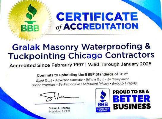 BBB Certificate of Accreditation since 1997. www.gralak-tuckpointing.com