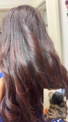 All over color,hair color transformation from dark black to medium cherry color.