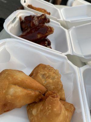 Samosas, BBQ chicken wings, and Tandoori chicken wings (ALL were fire/delicious!)