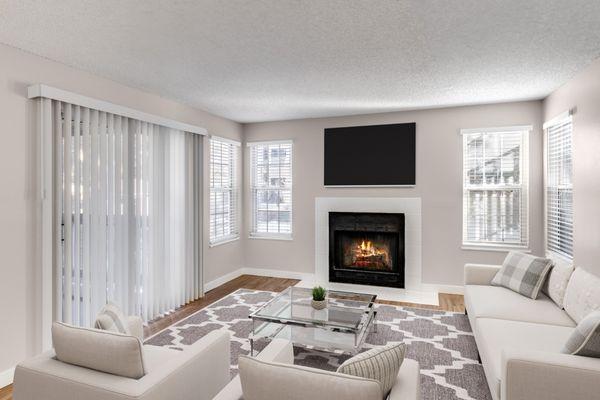 Living room fireplace at Arcadia Apartment Homes in Centennial, CO