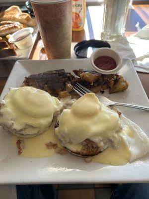 Irish eggs Benedict, with hash browns.