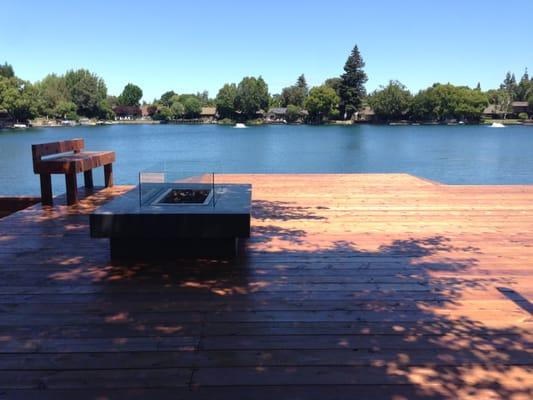 800 square foot two level redwood deck with built in fire pit