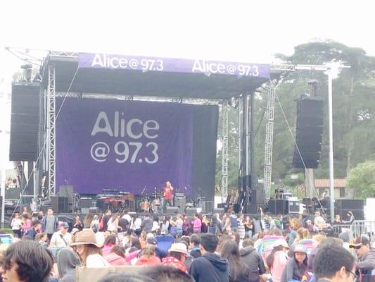 Front of stage as they were setting up for the first act. Very hot and sunny day about 70-80 degrees! Need to wear hat!