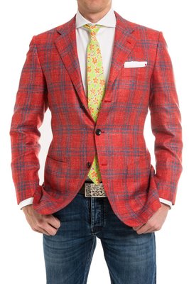 Red with bold blue windowpane sport coat