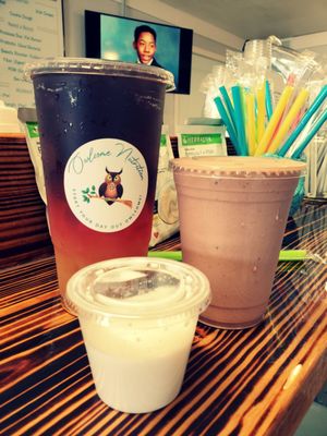 SweetTart loaded tea, brownie batter shake and a prolessa donut shot!