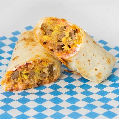 Breakfast Burrito with egg, sausage, salsa, sour cream, hash browns, cheddar cheese