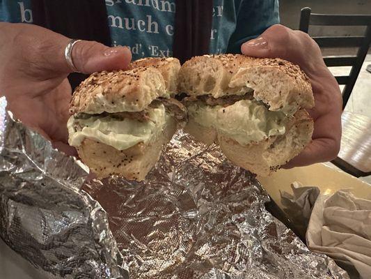 Jalapeno Cream cheese on Everything Bagel. Sausage not included.