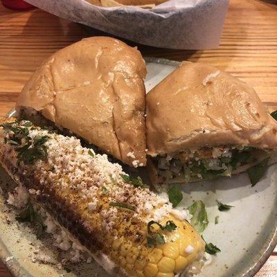 Torta Caballero and Mexican street corn. Yum!