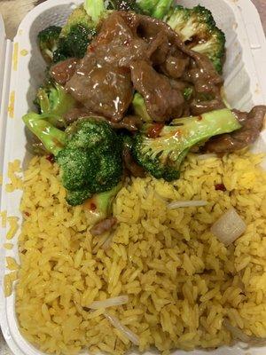 Beef and broccoli with fried rice