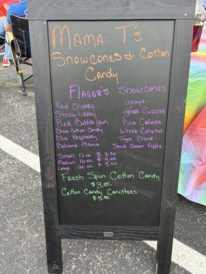 Mama T's Snowcones Menu Board