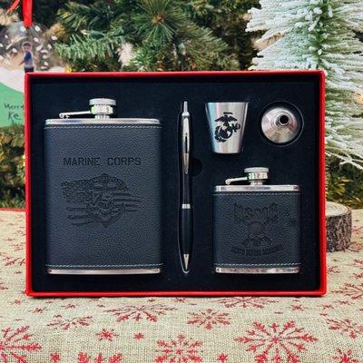 Custom engraved 8oz/3oz hip flask with stainless-steel shot, funnel, and pen.