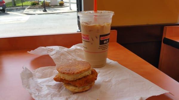 Medium iced latte and chicken biscuit sandwich