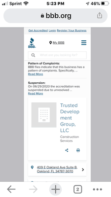Trusted Development Group (address 409 E. Oakland Ave) was BBB suspended on 6/29/20 & BBB revoked on 8/20/20.