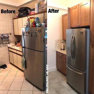 Before and after kitchen project. Removed all cabinets, counter tops, back-splash, and flooring. Installed plywood cabinets, quartz counter.