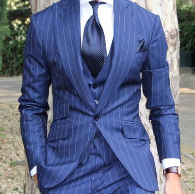 Bold Blue Pinstripe suit with vest & peak lapel on jacket