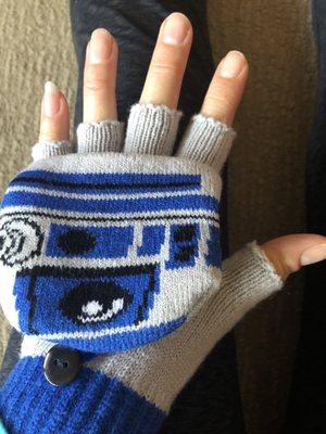 Fingerless R2D2 gloves w/ clever mitten portion buttoned back