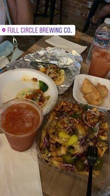 Masala fries, veggie paneer taco, chicken tikki taco, samosas