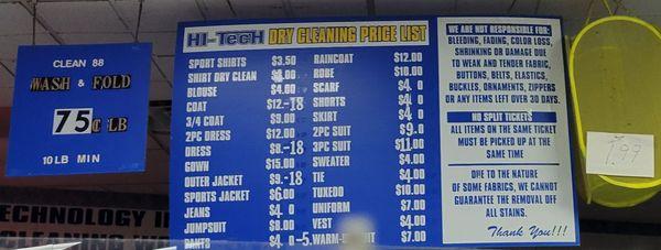 Prices for drop off service and, dry cleaning.