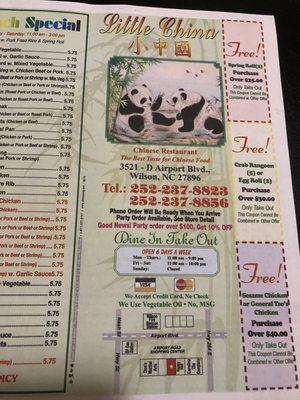 Front of menu with Information