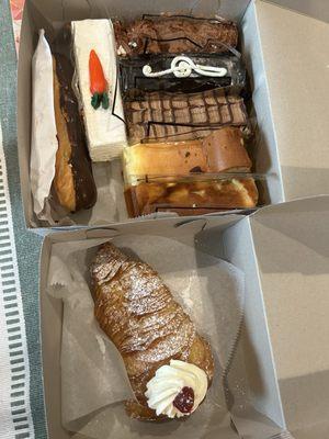 Eclair, carrot cake, Lobster Tail, Russian cheesecake, tiramisu