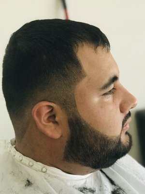 Fade and beard trim. Scissor trim on top