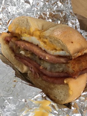 Jersey Boy: Pork Roll, egg and cheese with a hash brown on a bagel.