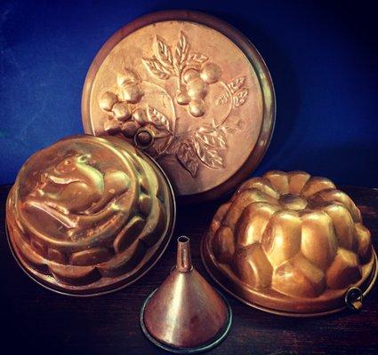 Old copper jello molds and funnel.....