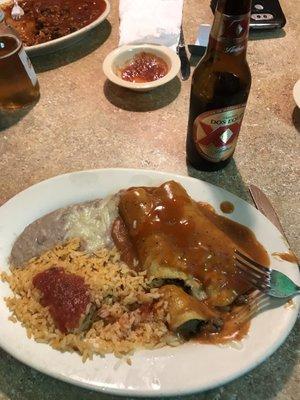 Beef Enchiladas with beans and rice