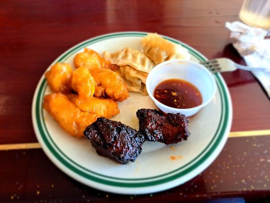 Honey chicken, spare ribs, dumplings