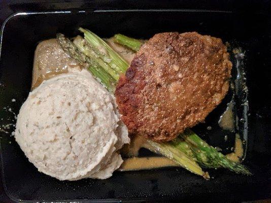 Meal prep dinner this week from Boxables. Mashed Cauliflower, Asparagus, and Vegan Patty!