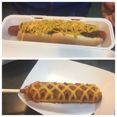 Footlong chili dog and corn dog. Delicious!