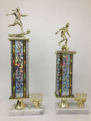 Custom Made Soccer trophies with silver rectangle column and white marble base