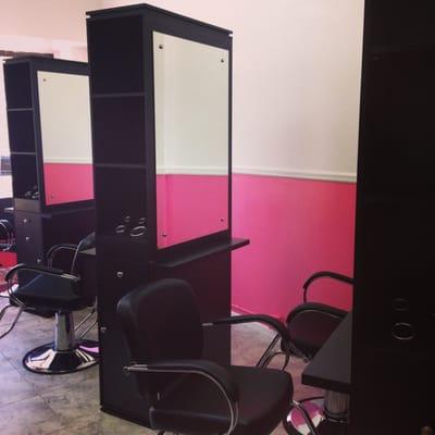 No mirrors on the wall! We love our stylist stations.