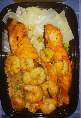 Teriyaki salmon with added shrimp.