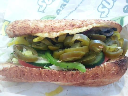 Subway 6" yellow egg & pepper Jack cheese with all the veggies, no sauce, and extra hot peppers on jalapeno bread, $3.50