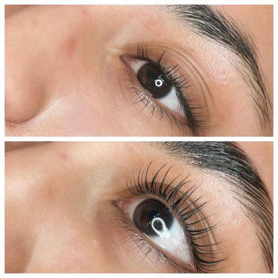 Before and after of a Yumi lash lift.