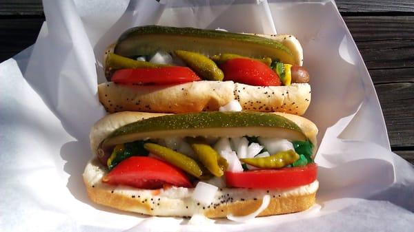 A nice pair of Chicago Style Hot Dogs w/ "The Works"!