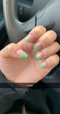 Neon green "french" Gel manicure. I don't remember the woman's name but she did an awesome job !