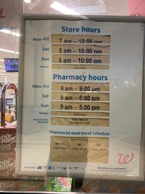 Hours for store and pharmacy