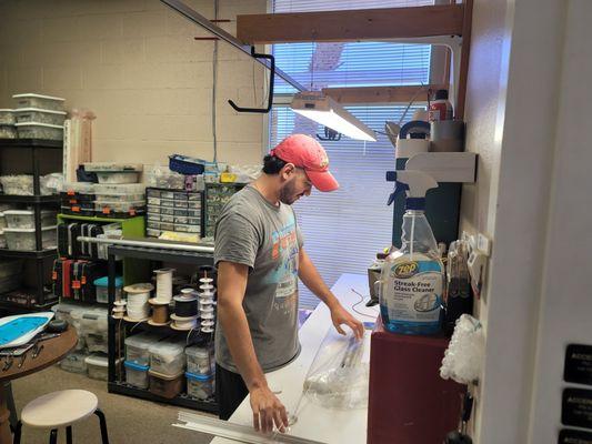 Jose hard at work on the blind I just brought in