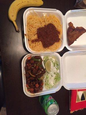 Suqaar and salad, baasto, sambusa, banana and Mt Dew ($12 TOTAL)