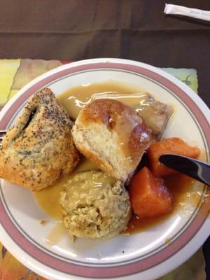 Veggie strudel, stuffing, bread roll, turkey and sweet potato