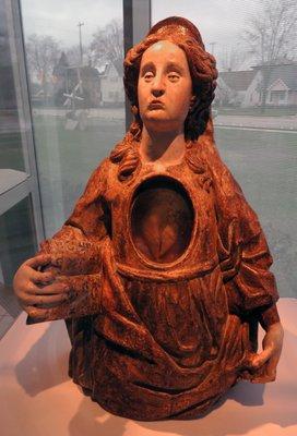 St Veronica of Binasco reliquary; Italian; 15th century; polychromed wood with gilt, glass, and bone