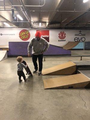 My little one didn't actually want to skate and refused a helmet this visit but as allowed to push the board around.