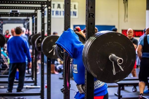 Zack Miller warming up during the USAPL Citadel Nutrition Open here at our facility.