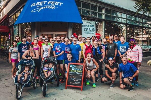 The Fleet Feet Sports Oak Park storefront in evening light before a weekly group fun run.