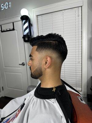 Mid drop fade with beard line up