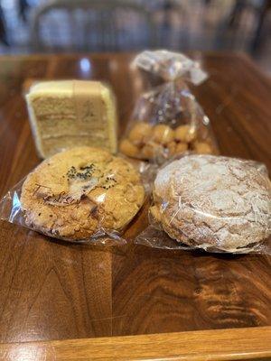 Layered Cake (left top), mini rice donuts, red bean mochi streusel, cream/custard streusel (right bottom)