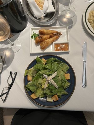 Caesar Salad with anchovies and blue cheese stuffed shrimp