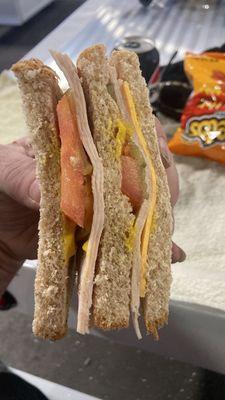 A 9 dollar turkey and cheese sandwich no lettuce bought on 3.14.24 10:40 am from the queeny lunch truck at my job